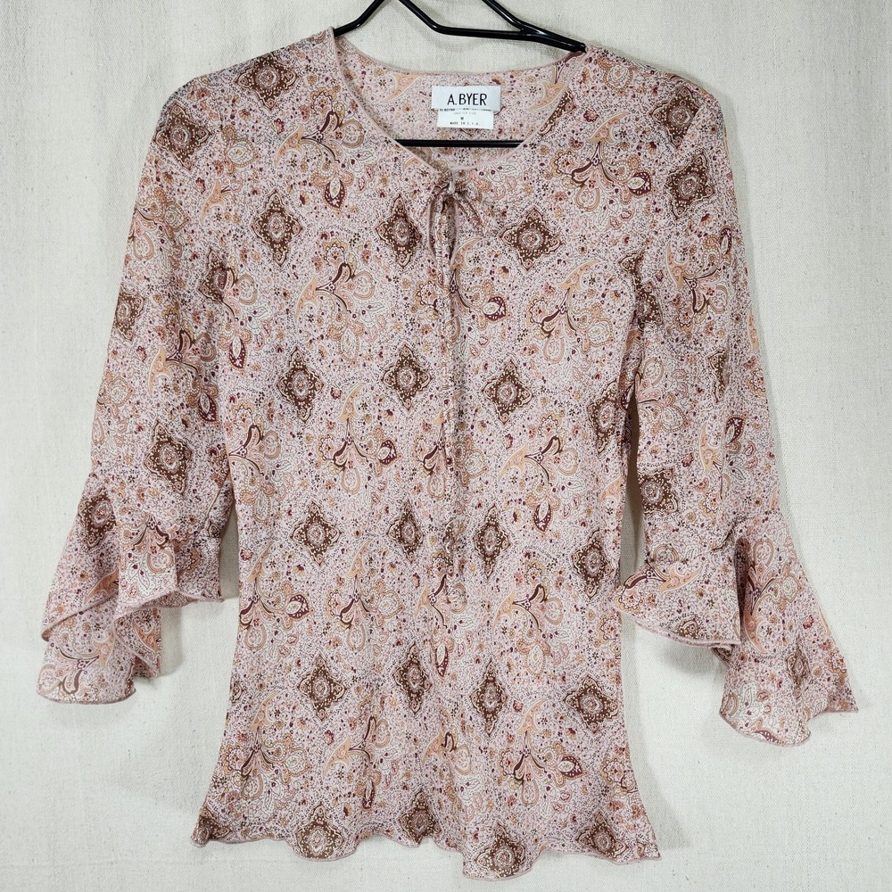 A. Byer Blouse Med Romantic 3/4 Asymmetric Flutter Sleeve Floral Boho Peasant